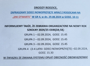 INFORMACJE DLA RODZICÓW NA ROK SZKOLNY 2024/25